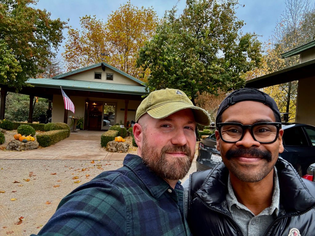 Jack & Jason at the entrance to the Thacher Winery in Paso Robles with Autumnal surroundings