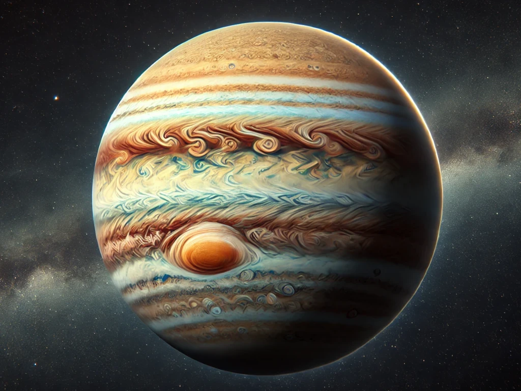 A stunning view of Jupiter with its swirling clouds and Great Red Spot.
