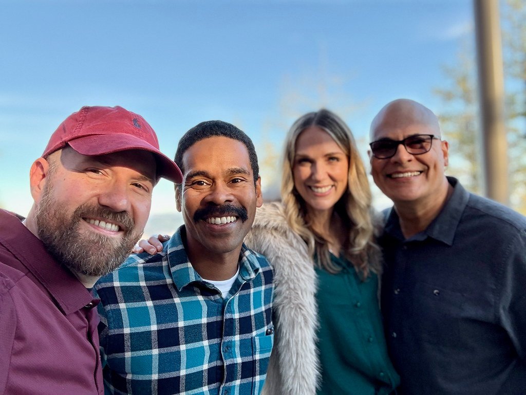 Jack, Jason, Paige, and Alex in a selfie at sunset at Lokoya Winery in Spring Mountain District, Napa, California